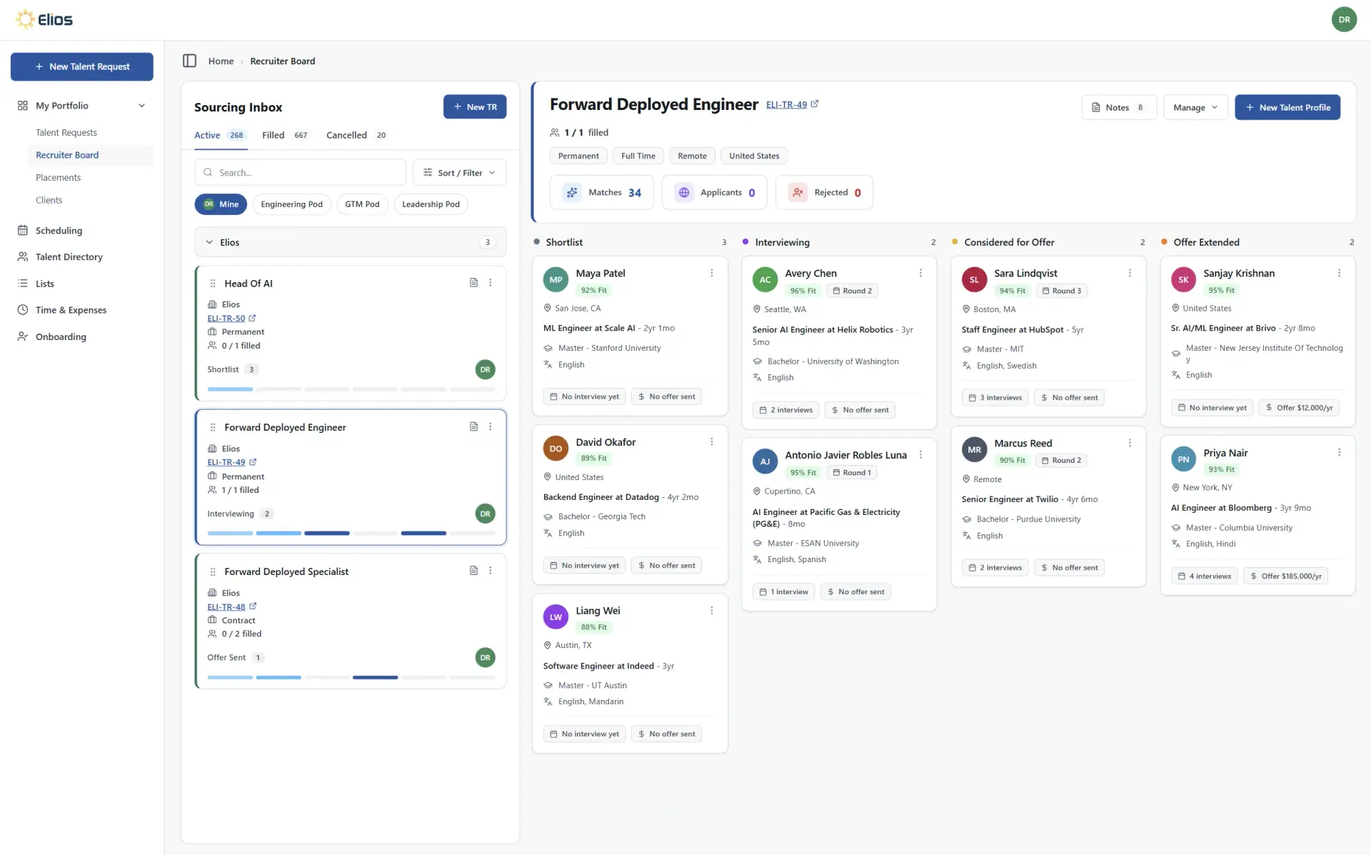 Elios recruiter board showing candidates moving from shortlist to offer